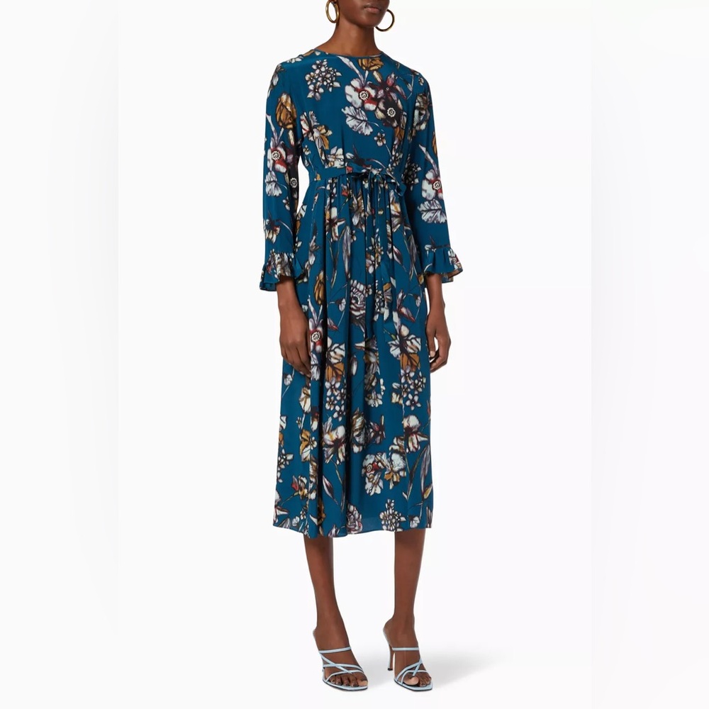 Max Mara ‘S Floral Silk Midi Dress Ruffle Long Sleeve De Chine Blue Size Small